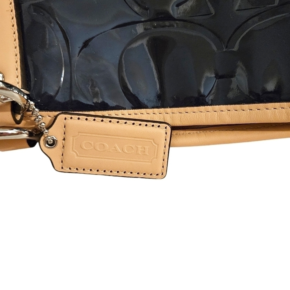 Coach Blue & Tan Patent Leather Monogram Pocket Tote Shoulder Bag - Picture 9 of 12